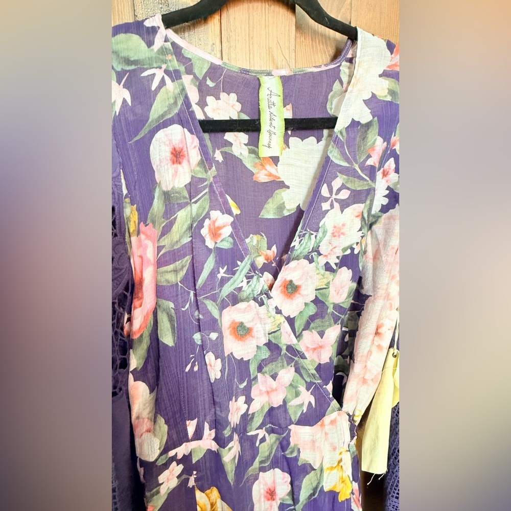 Aratta Silent Journey Wrap Kimono Crocheted Bell Sleeve Purple Floral Dress Sz S - Picture 3 of 10
